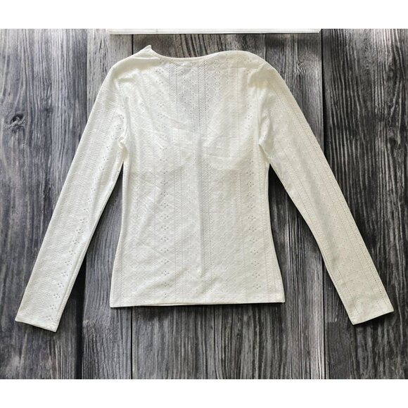 White Lace Trim Eyelet Embroidered Button Detail V-Neck Long Sleeve Top Sz SM - Picture 5 of 5